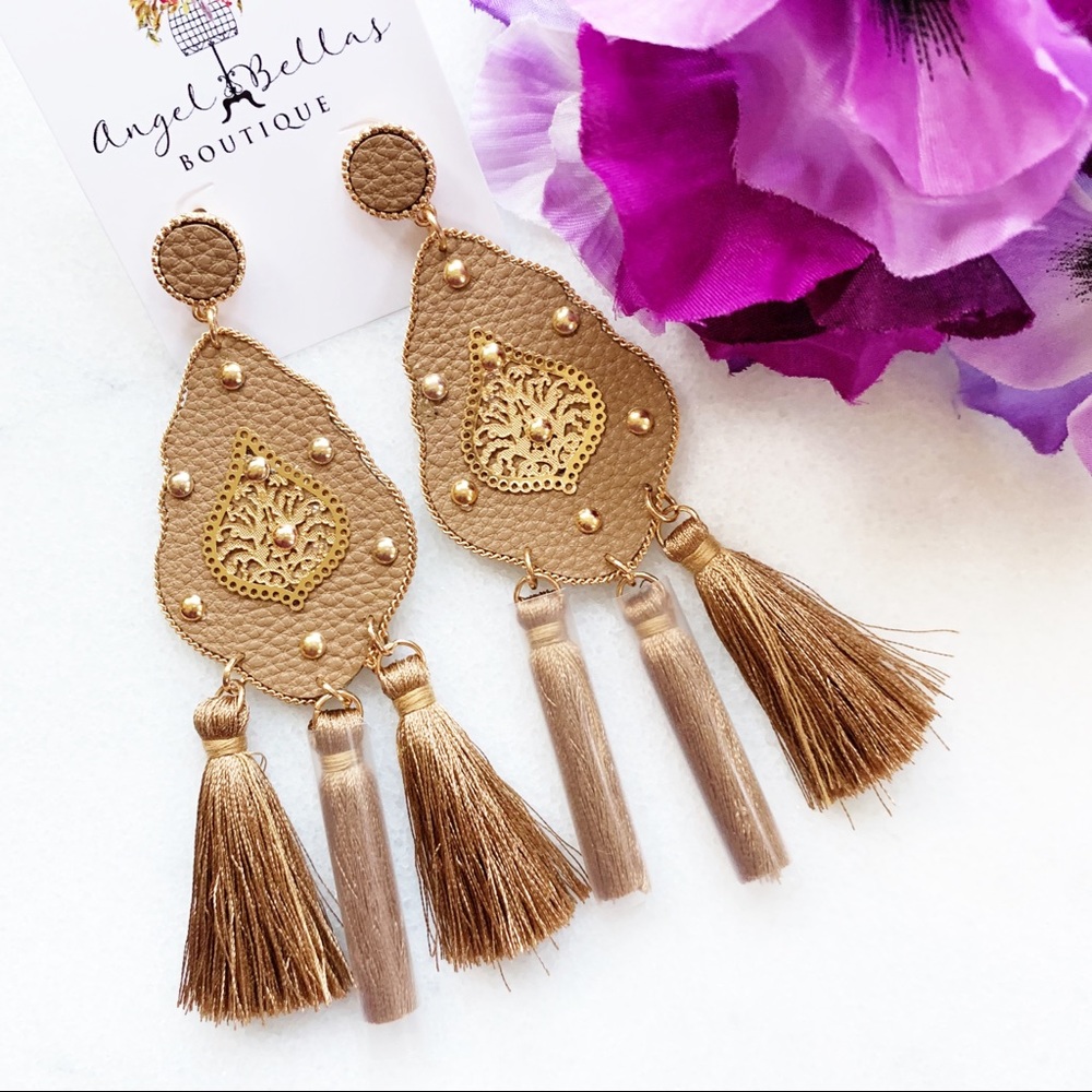 Studded Brown Leather Triple Tassel Earrings - Picture 6 of 7